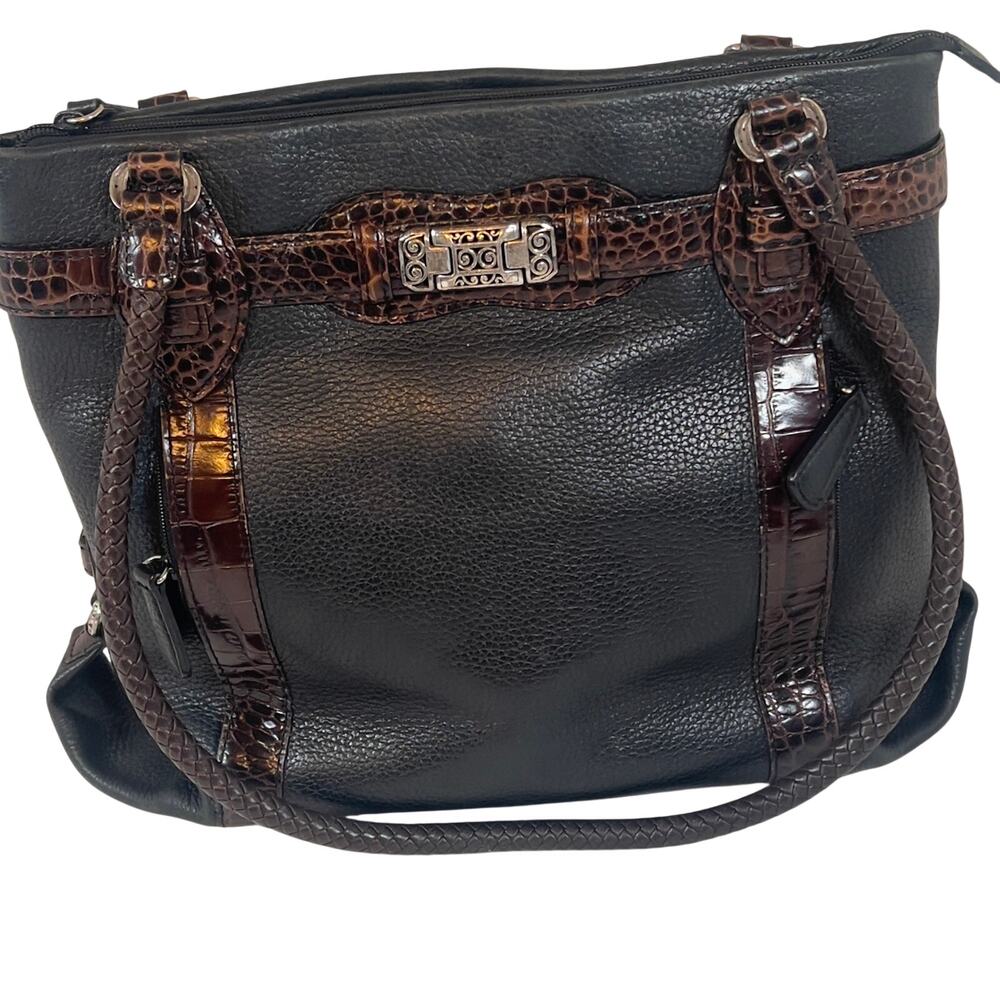Vintage Brighton Bag Black & Brown Crocodile Trim Pebbled Leather Braided Strap